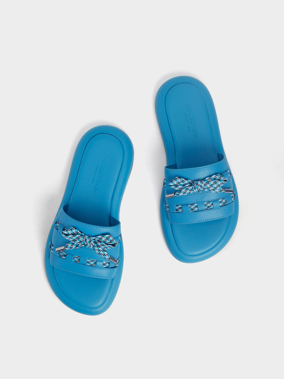 Printed Bow-Tie Leather Slide Sandals, Blue, hi-res
