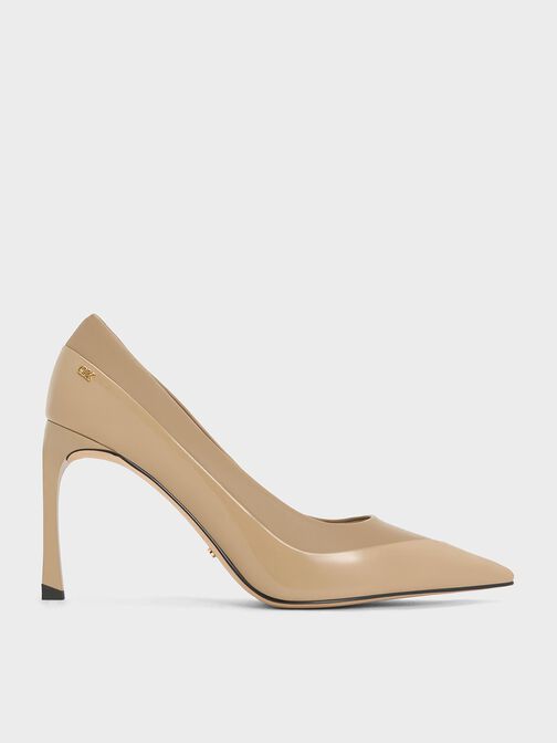 Leather & Patent Pointed-Toe Pumps, Taupe, hi-res