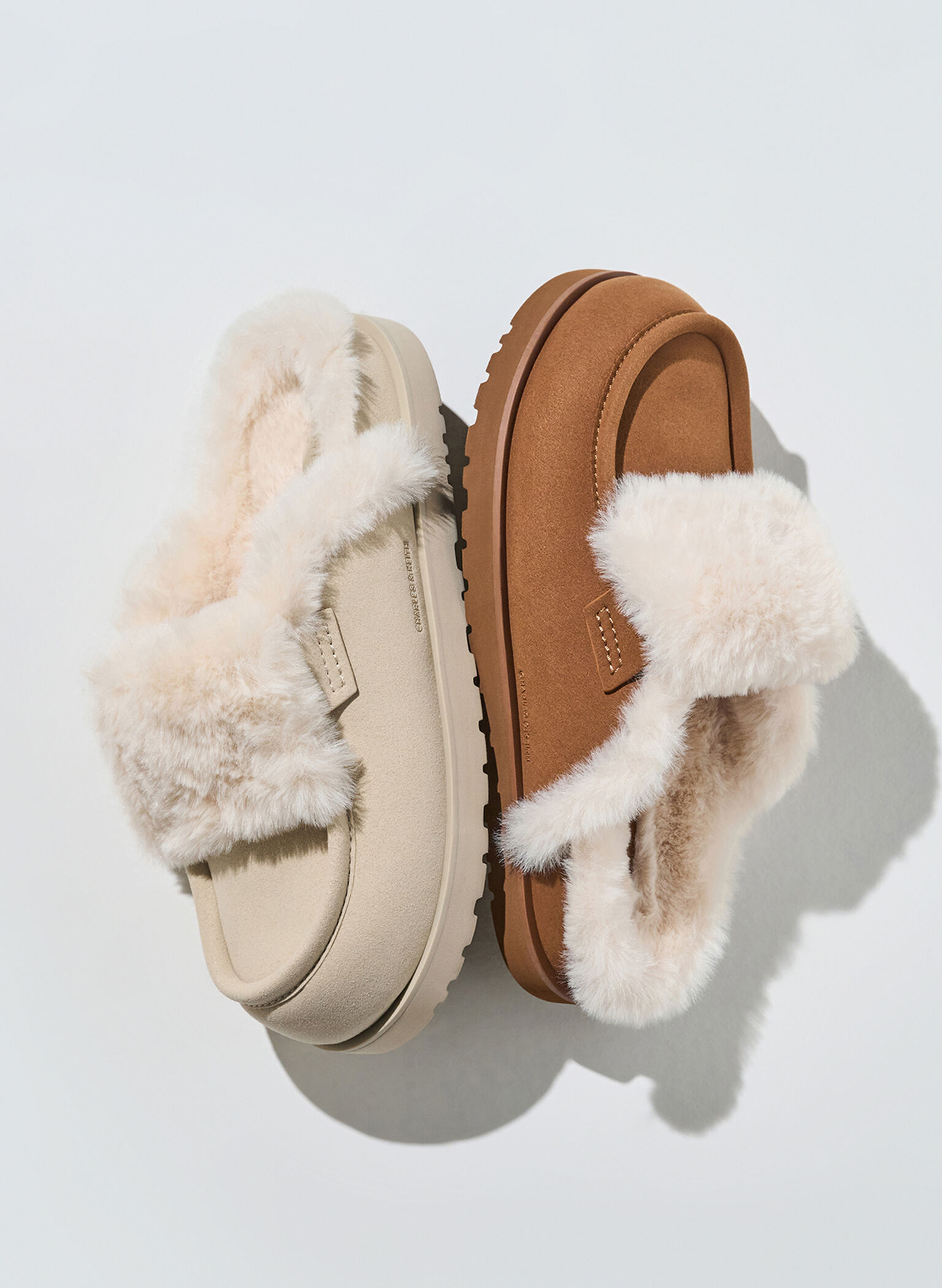 Textured Fur-Trim Flatform Mules, Brown, hi-res