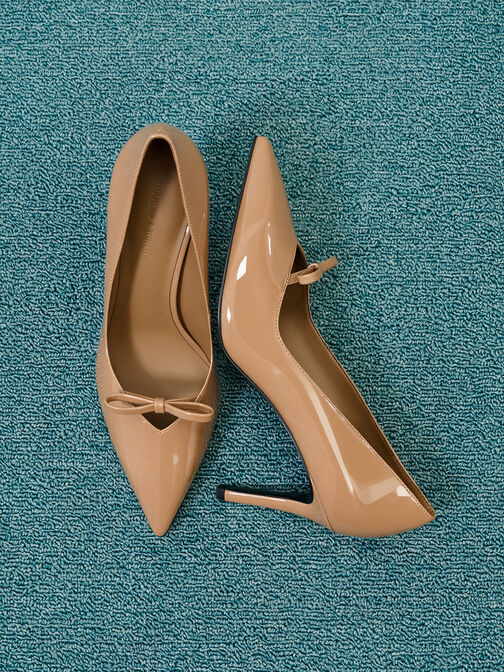 Patent Bow Pointed-Toe Stiletto-Heel Pumps, Caramel, hi-res