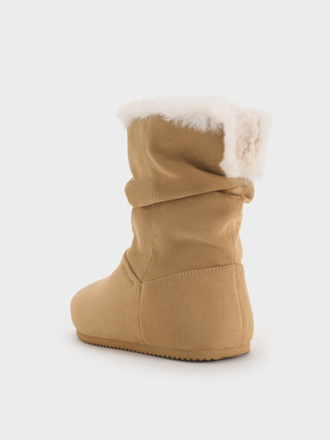 Girls' Faux Suede & Faux Fur Foldover Ankle Boots, Sand, hi-res