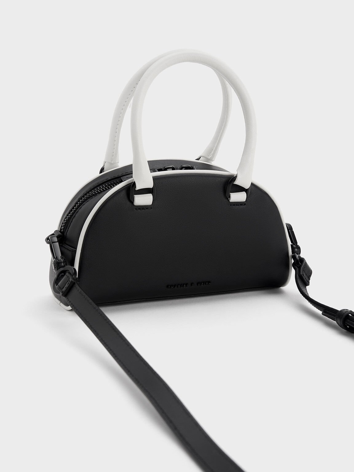 Gabine Two-Tone Leather Bowling Bag, Black, hi-res
