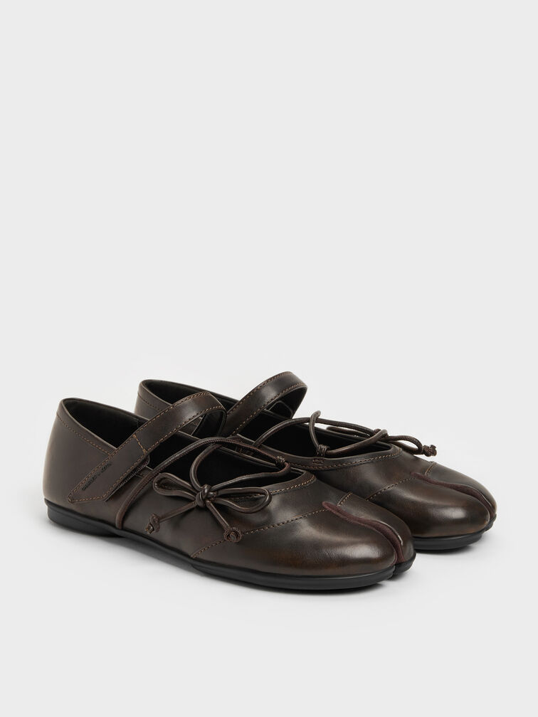 Aether Lace-Up Split-Toe Mary Jane Flats, Brown, hi-res