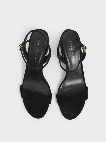 Open Toe Ankle Strap Block Heel Sandals, Black Textured, hi-res
