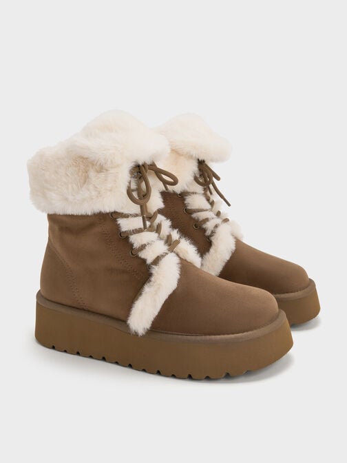 Faux Suede & Faux Fur Foldover Flatform Boots, Brown, hi-res
