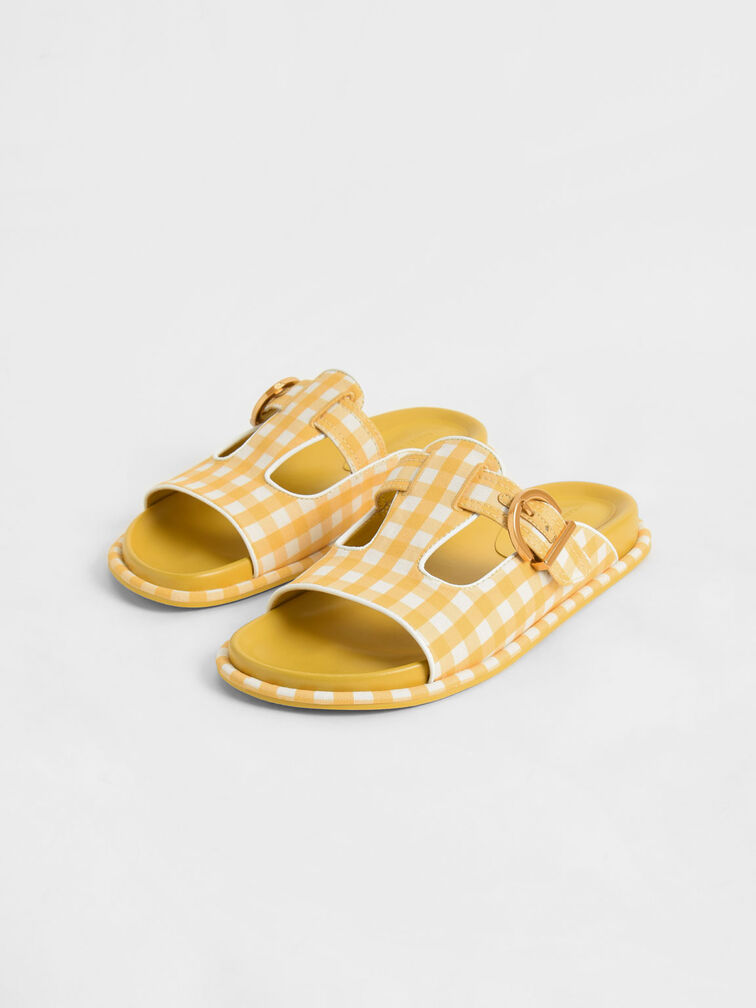 Cut-Out Linen Gingham-Print Buckled Slides, Yellow, hi-res