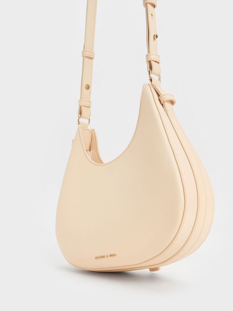 Bolso curvo con correa tipo cinturón, Beige, hi-res