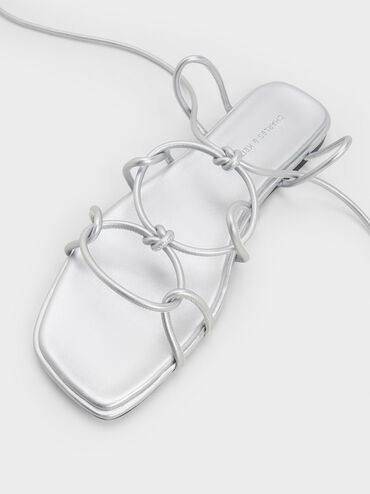 Strappy Knotted Tie-Around Sandals, Silver, hi-res