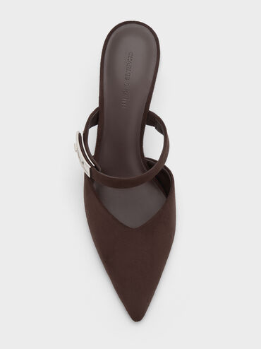 Lando Faux Suede Pointed-Toe Metallic-Buckle Heeled Mules, Dark Brown Textured, hi-res