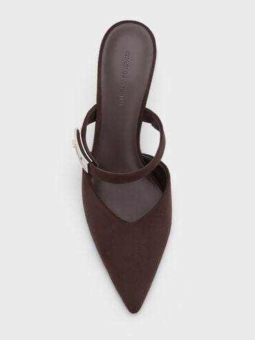 Lando Faux Suede Pointed-Toe Metallic-Buckle Heeled Mules, Dark Brown Textured, hi-res