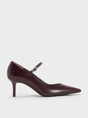 Pointed-Toe Stiletto-Heel Mary Jane Pumps, Maroon, hi-res