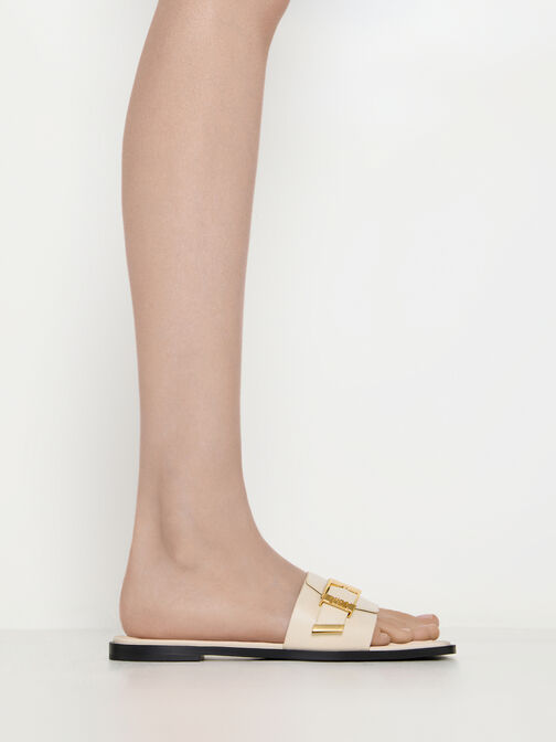 Leather Buckled Square-Toe Slide Sandals, Chalk, hi-res