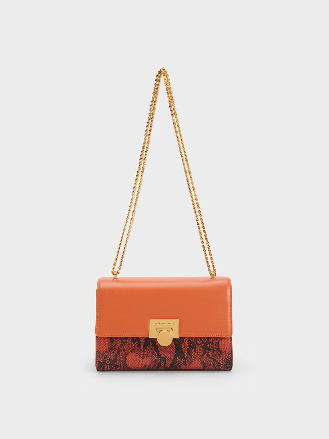 Snake Print Metallic Accent Clutch, Orange, hi-res