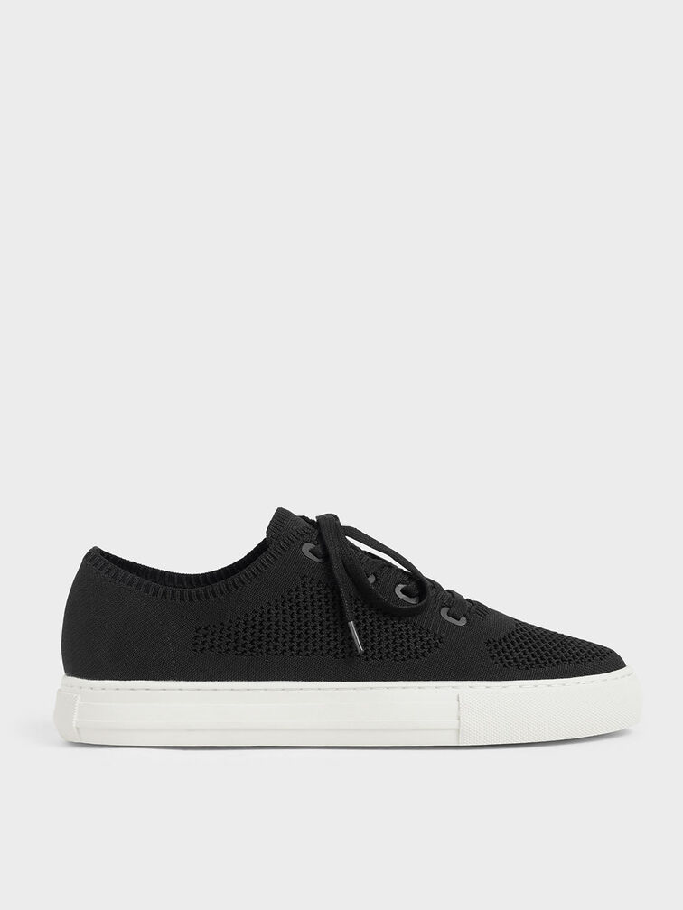 Knitted Lace-Up Sneakers, Black, hi-res