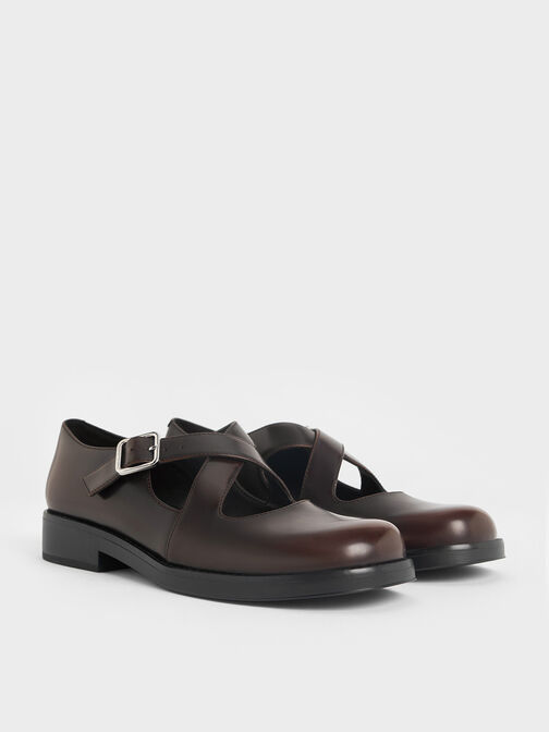 Crossover-Strap Buckled Mary Janes, Dark Brown, hi-res