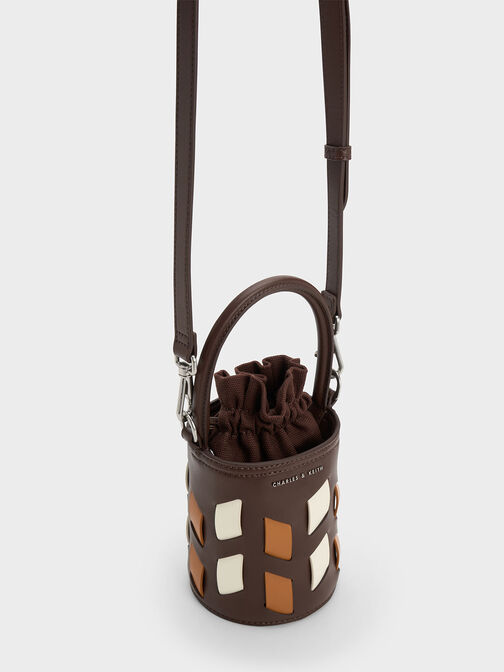 Canvas Panelled Bucket Bag, Dark Brown, hi-res