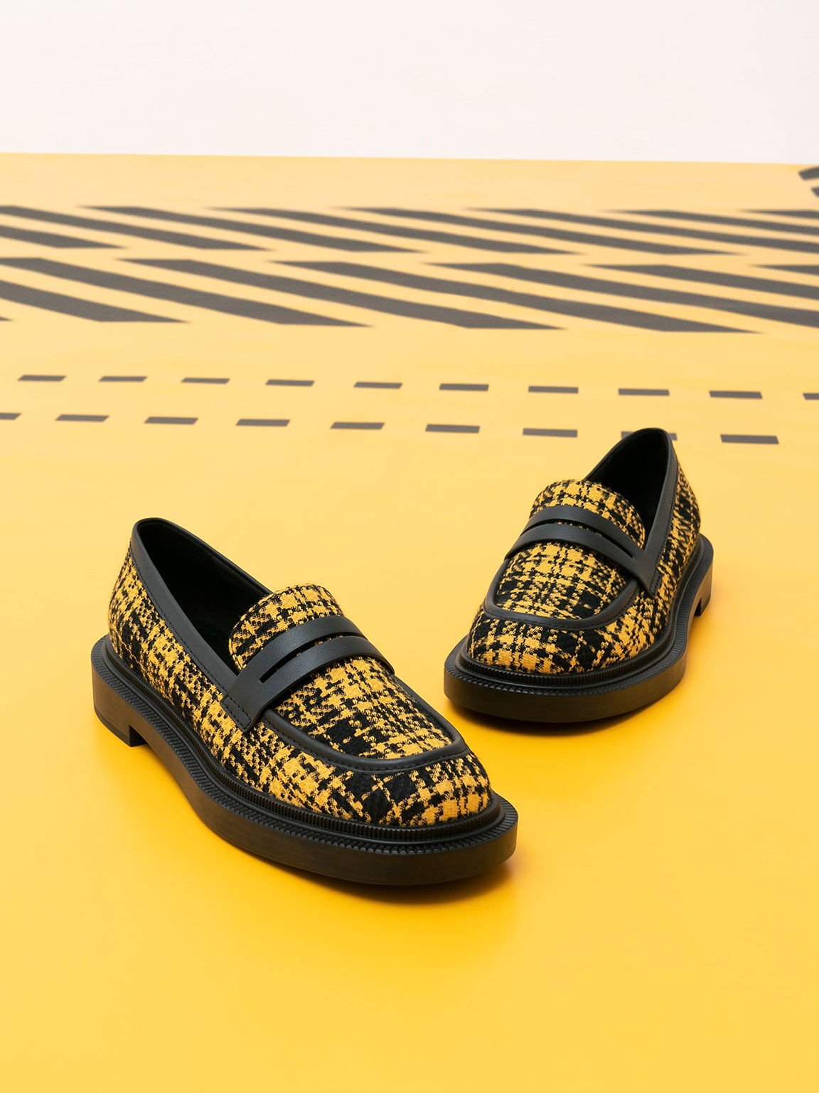 Checkered Penny Loafers, Yellow, hi-res