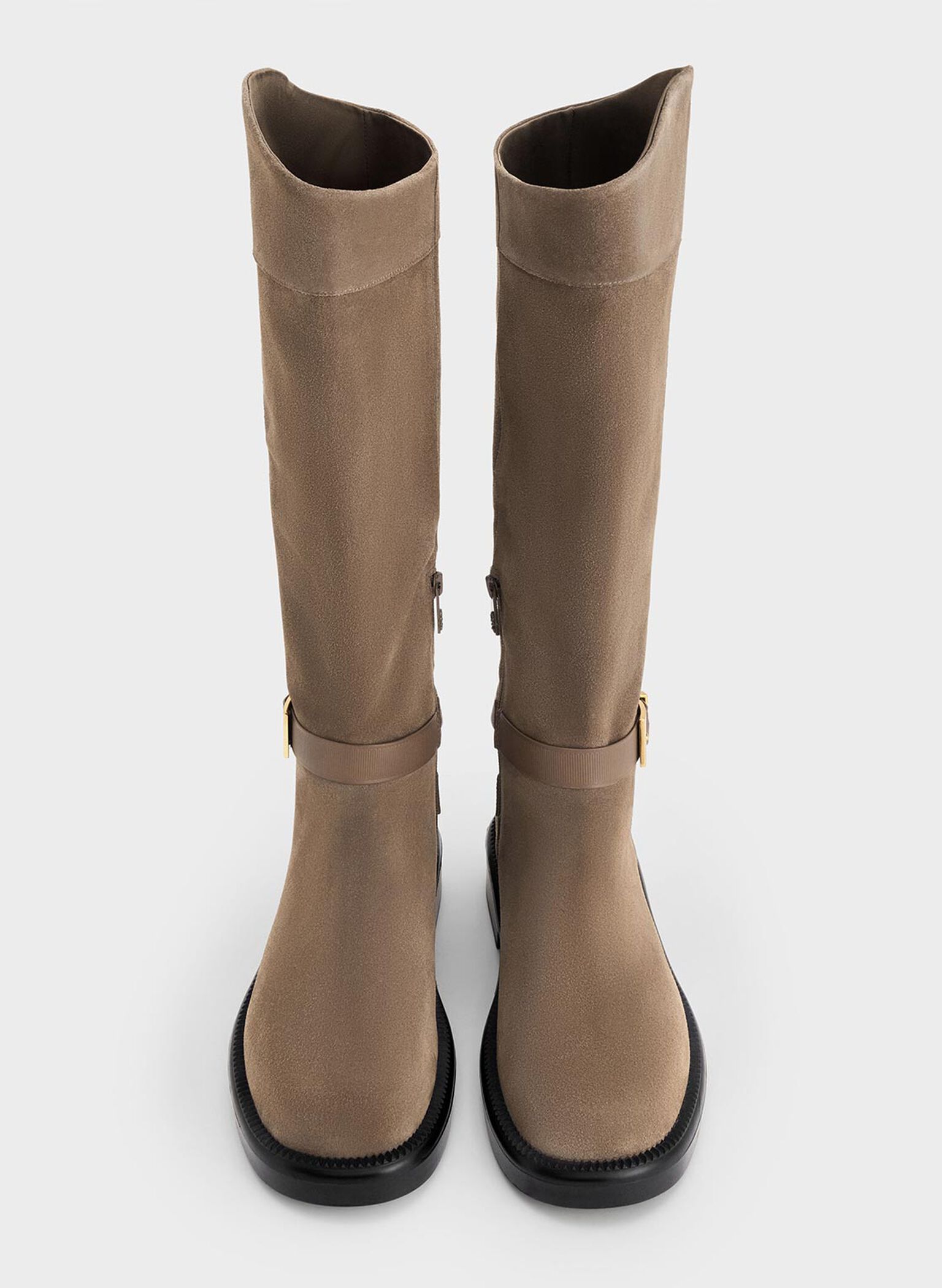 Leather & Suede Buckled-Strap Knee-High Boots, Taupe, hi-res