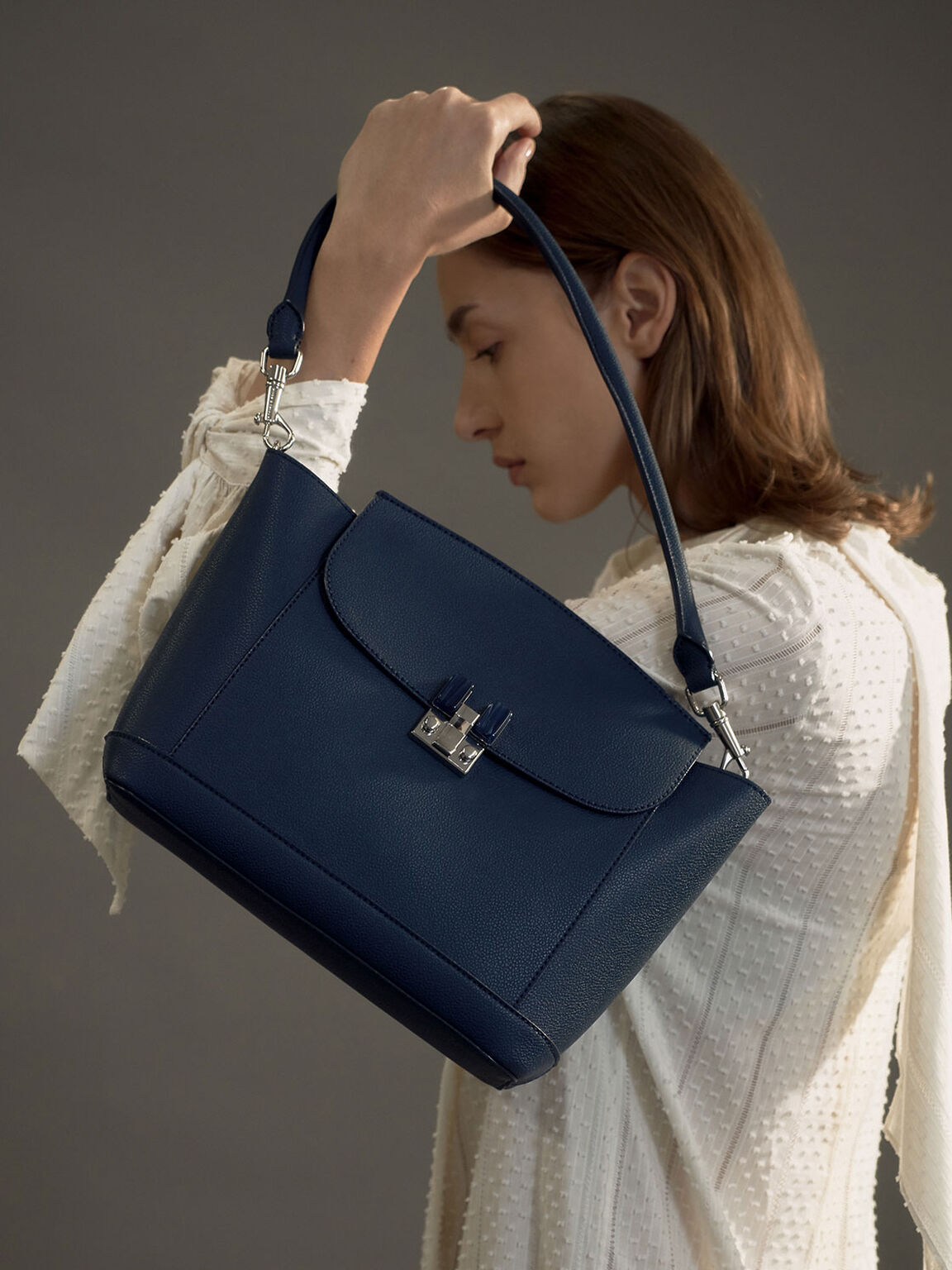 Blue Embellished Push-Lock Shoulder Bag | CHARLES & KEITH IN