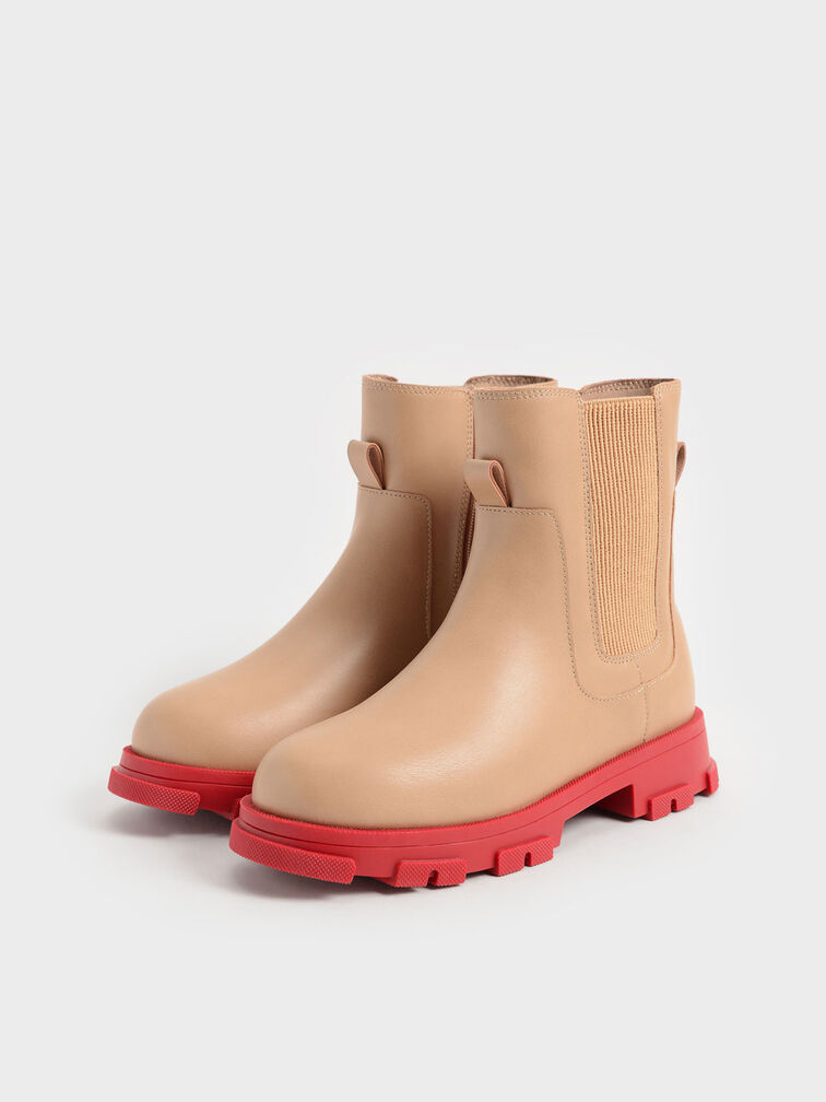 Girls' Chunky Coloured Sole Chelsea Boots, Nude, hi-res