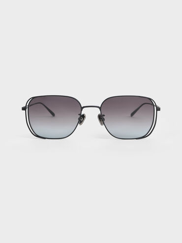 Metallic-Rim Rectangular Sunglasses, Noir, hi-res