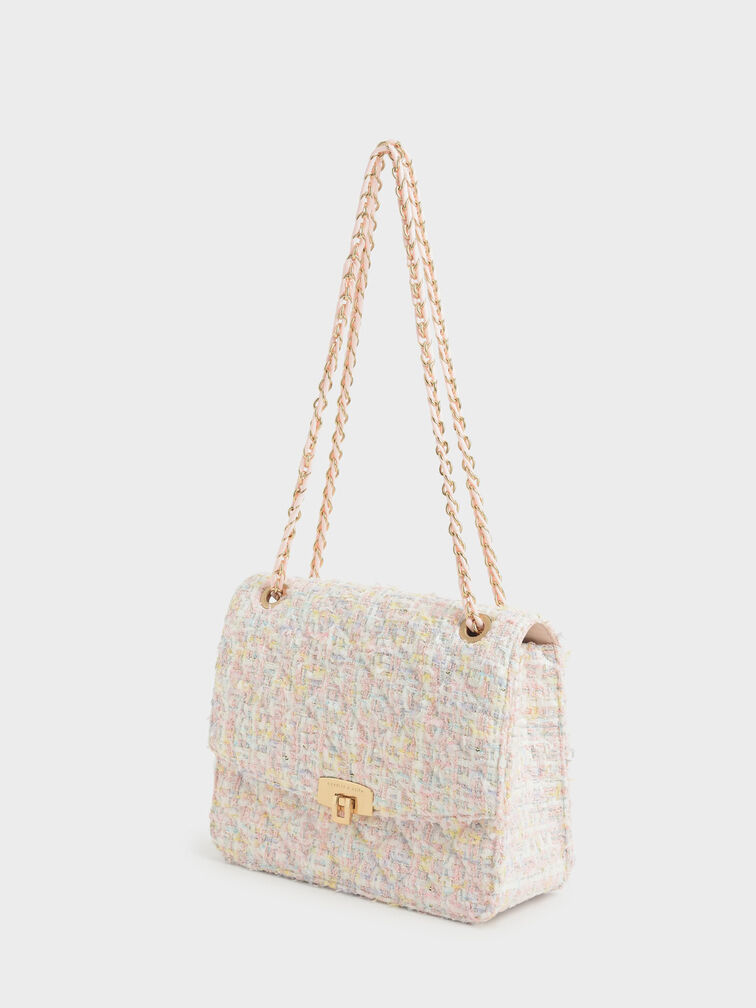 Tweed Chain Strap Bag, Pink, hi-res