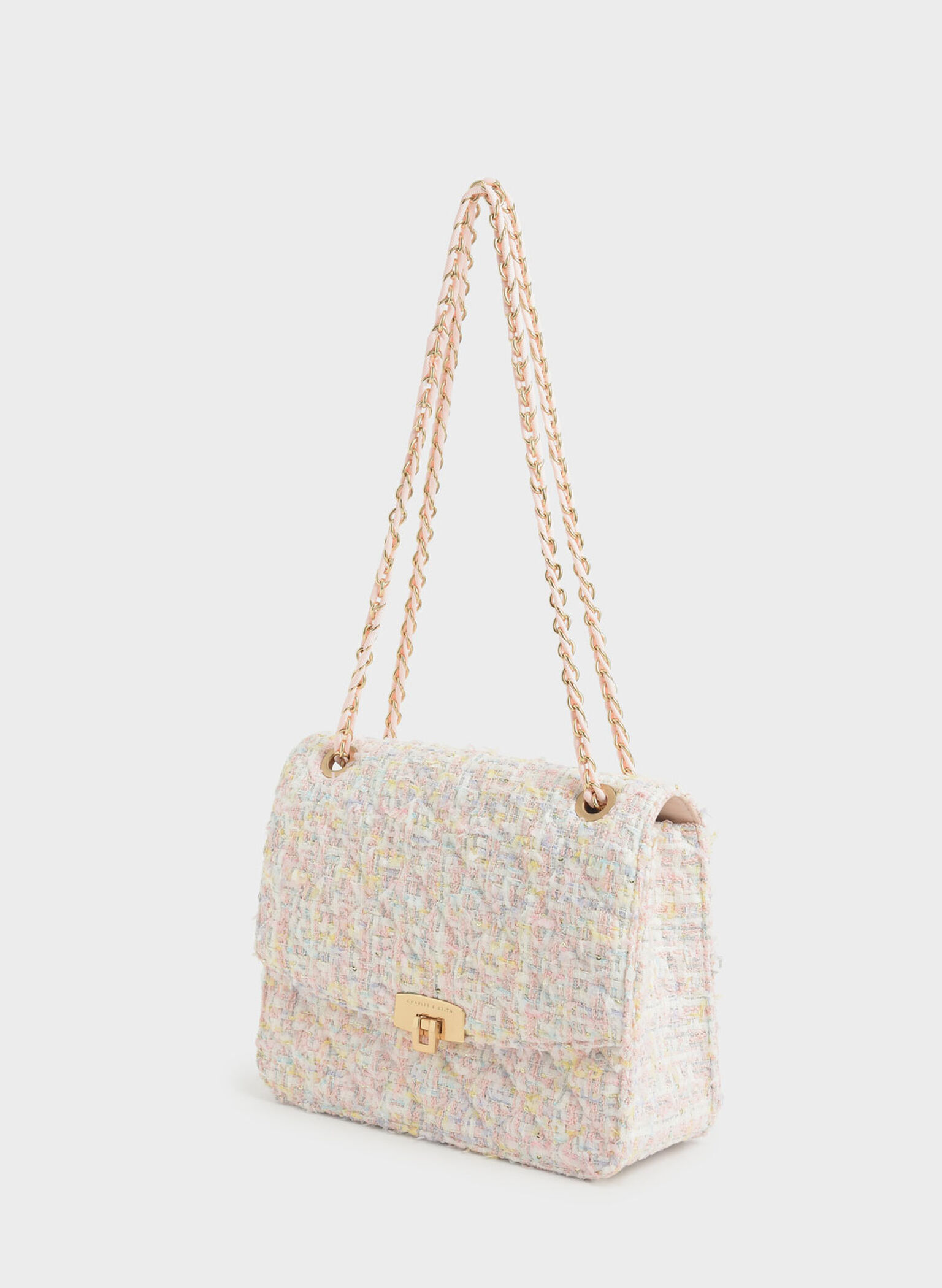 Tweed Chain Strap Bag, Pink, hi-res