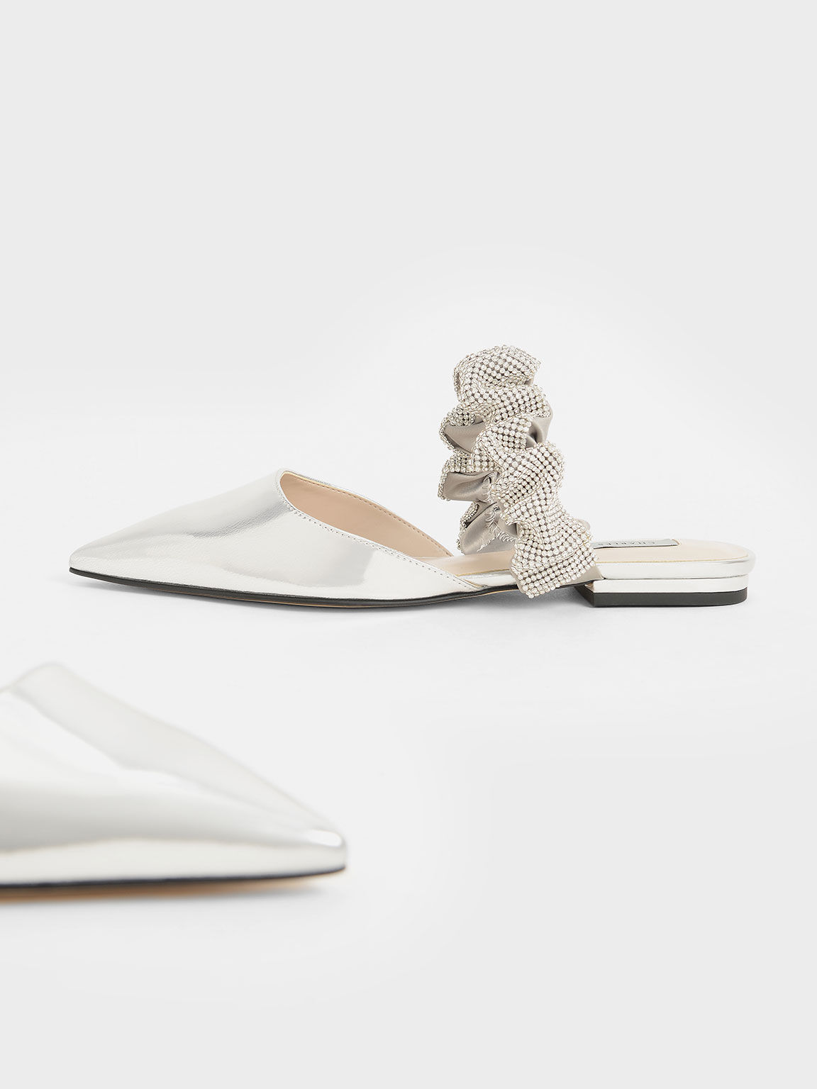 Gem-Encrusted Ruffle Strap Mules, Silver, hi-res