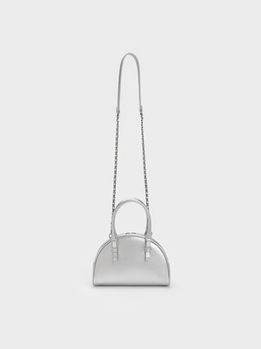 Satin Half-Moon Bowling Bag, Silver, hi-res