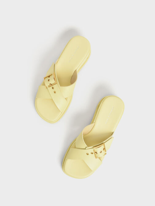 Buckled Crossover Platform Sandals, Yellow, hi-res