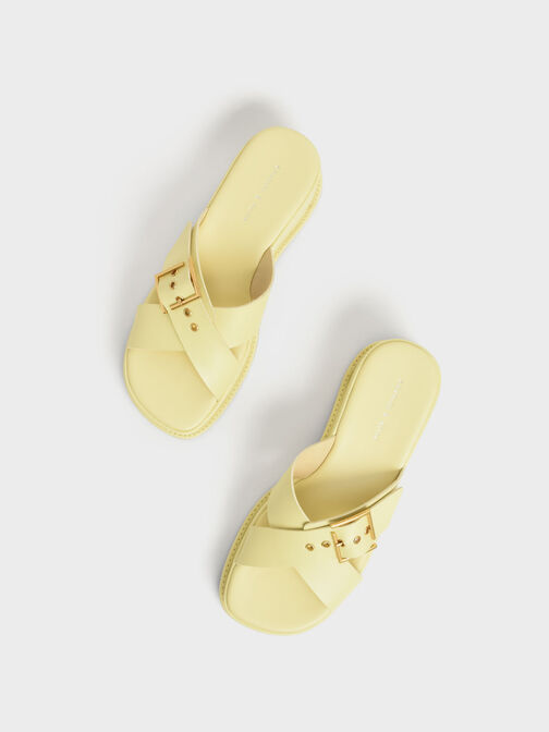 Buckled Crossover Platform Sandals, Yellow, hi-res