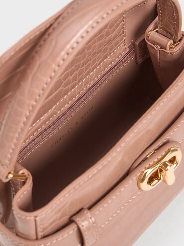 Aubrielle 鱷魚紋金屬釦手提包, 嫩粉色, hi-res