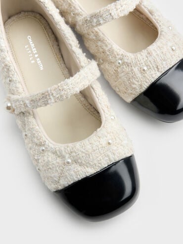 Girls' Tweed Pearl-Embellished Cap-Toe Mary Jane Flats, White, hi-res