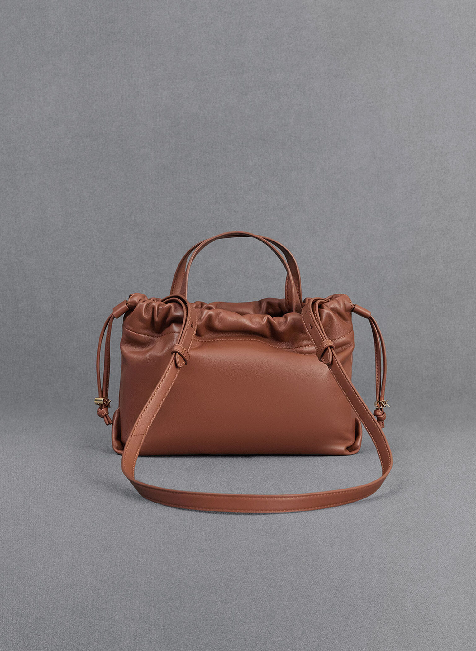 Leather Ruched Drawstring Bag, Cognac, hi-res