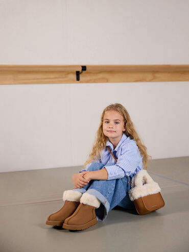 Girls' Faux Suede Fur-Trim Ankle Boots, Brown, hi-res