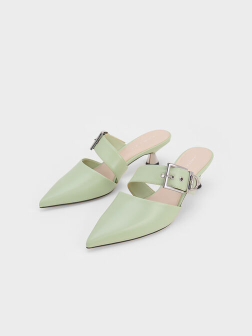 Asymmetric Buckle Heeled Mules, Sage Green, hi-res