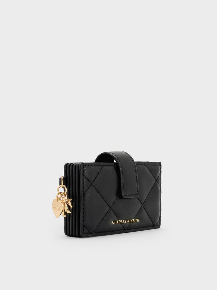 Porte-cartes matelassé à boucle à breloques en nœud et cœur Arrietty, Noir, hi-res