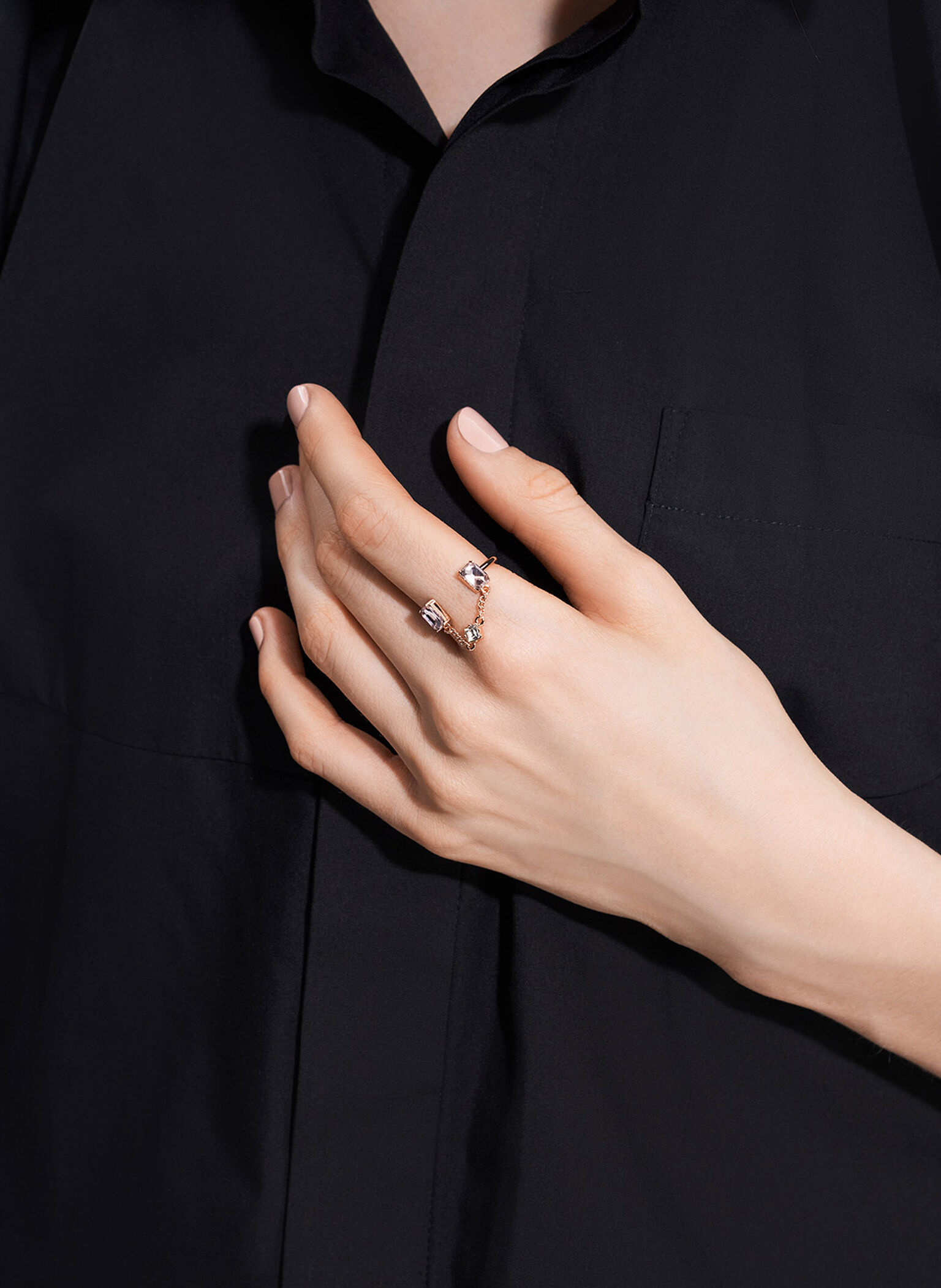Zira Crystal Chain-Link Open Ring, Rose Gold, hi-res