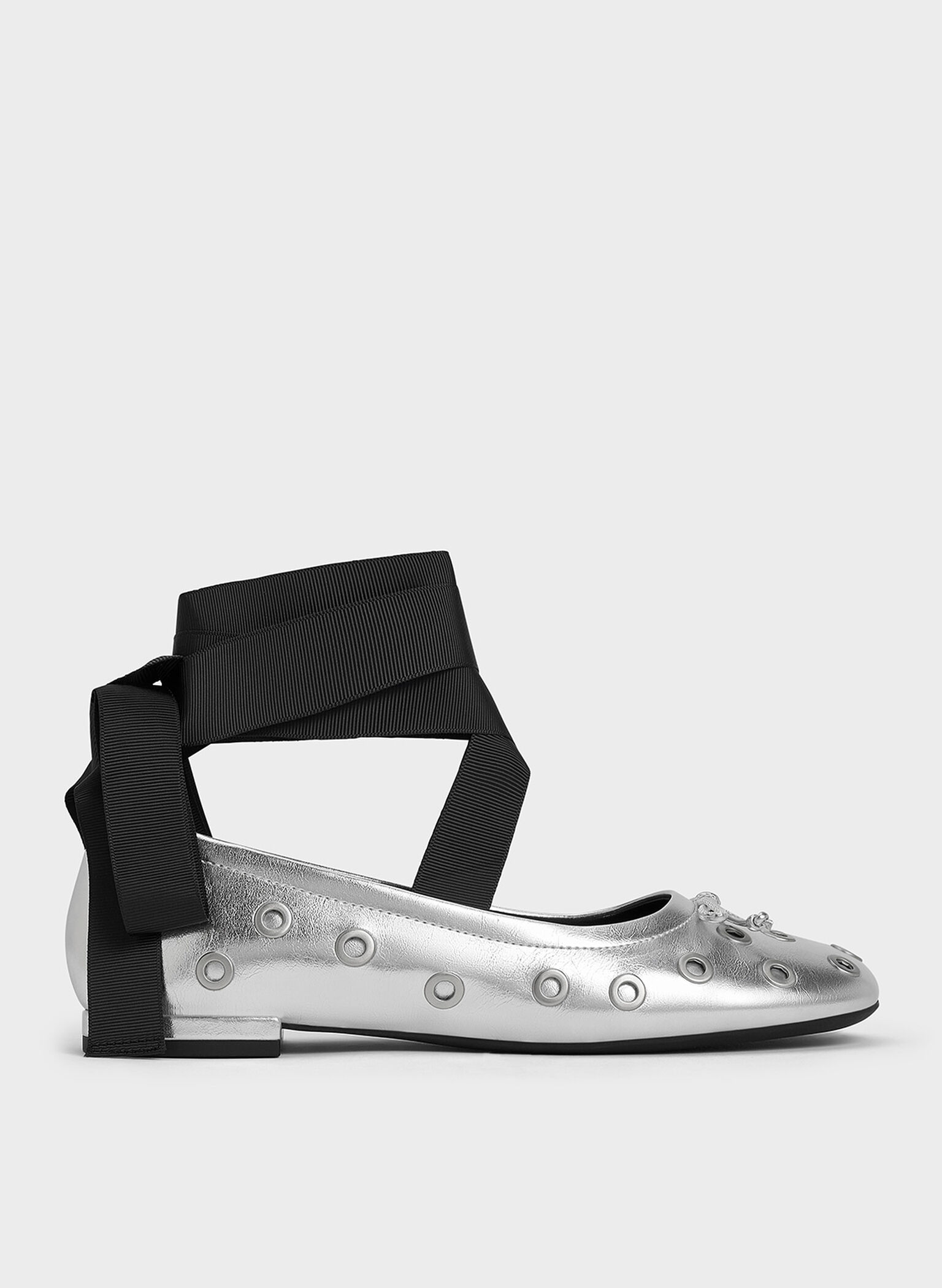 Margot Metallic Grommet Tie-Around Ballet Flats, Silver, hi-res