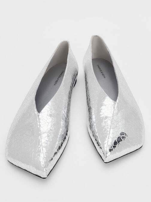 Metallic Crinkle-Effect Asymmetrical Square-Toe Ballet Flats, Silver, hi-res