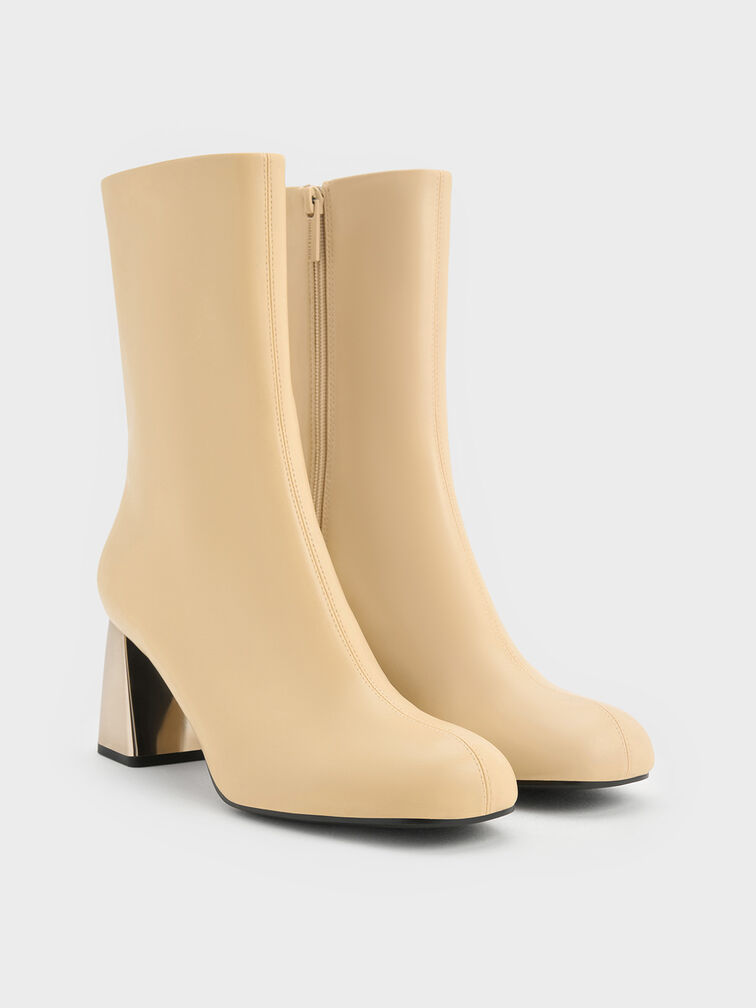 Metallic Block-Heel Ankle Boots, Beige, hi-res