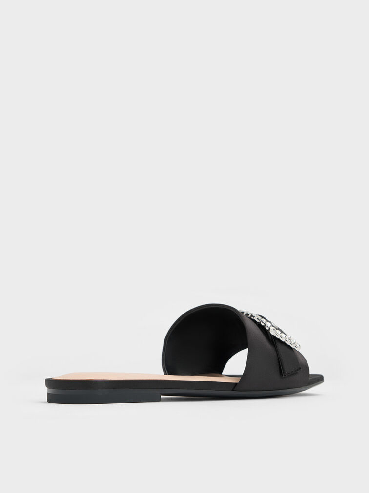 Satin Gem-Buckle Square-Toe Slide Sandals, Black Textured, hi-res