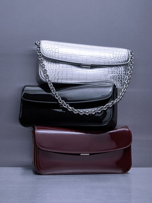 Patent Chain-Handle Shoulder Bag, Noir, hi-res