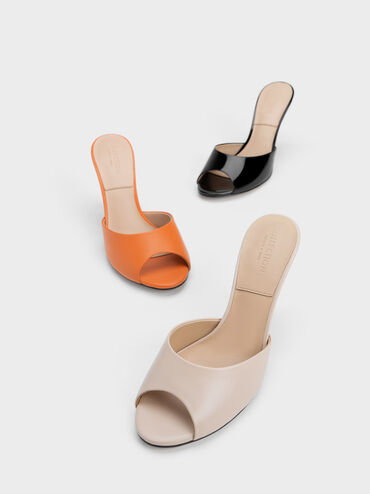 Leather Round-Toe Heeled Mules, Orange, hi-res