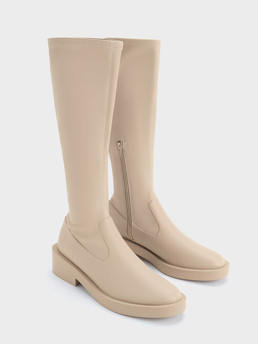 Side Zip Knee-High Boots, Beige, hi-res