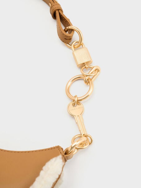 Fur-Trim Lock & Key Chain Handle Bag, Camel, hi-res
