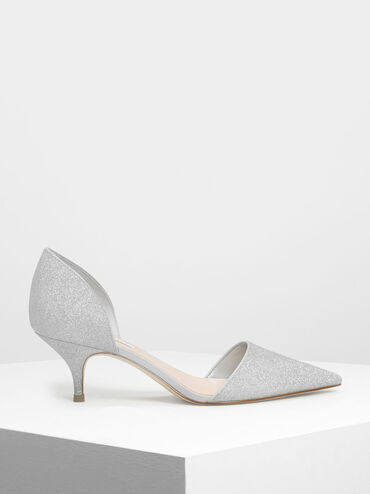 D&apos;Orsay Glitter Fabric Kitten Heel Pumps, Silver, hi-res