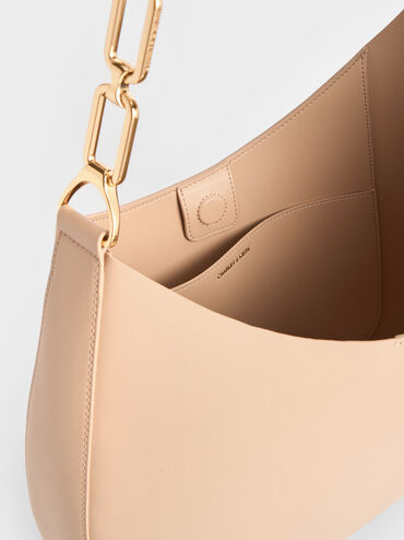 Bolso hobo holgado Agatha con cadena, Beige, hi-res