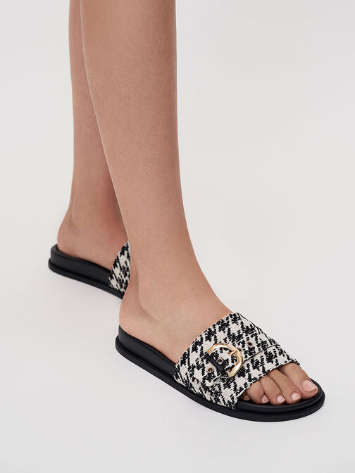 Houndstooth Studded Buckle Slide Sandals, Multi, hi-res