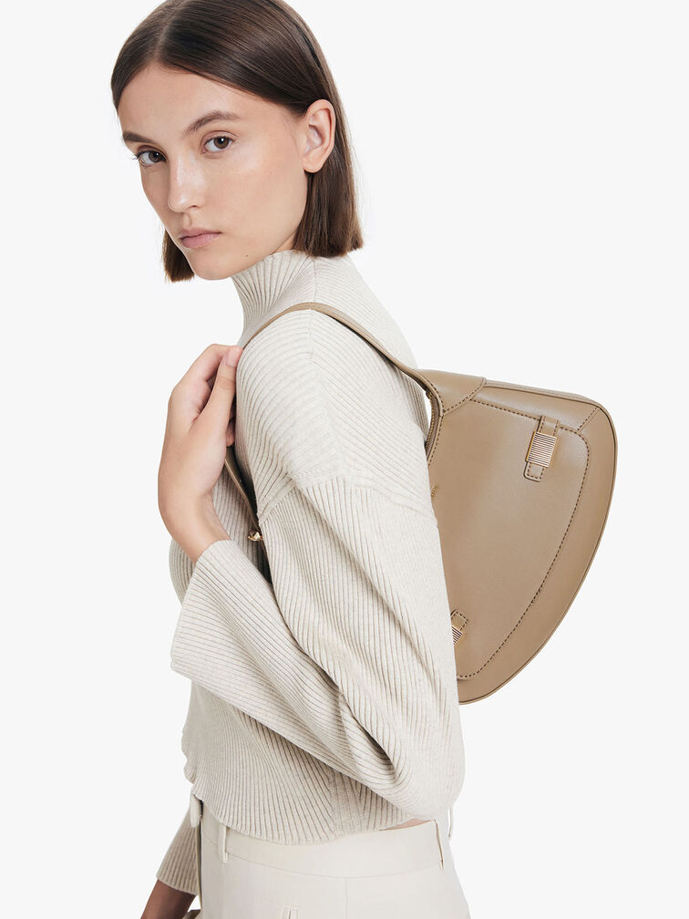 Metallic-Accent Curved Shoulder Bag, Taupe, hi-res